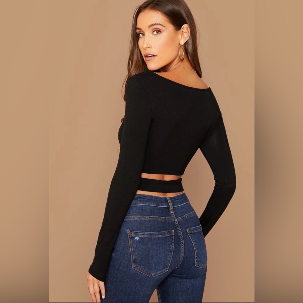 SHEIN Black Crisscross Cut Out Long Sleeve Crop Top Sz XS & S LIKE NEW - Picture 2 of 6